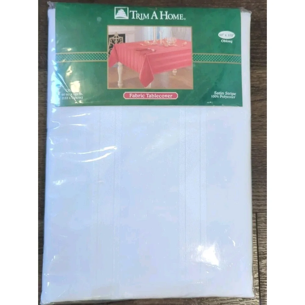 Trim A Home Fabric White Tablecloth Oblong Satin Strip 100% Polyester 60